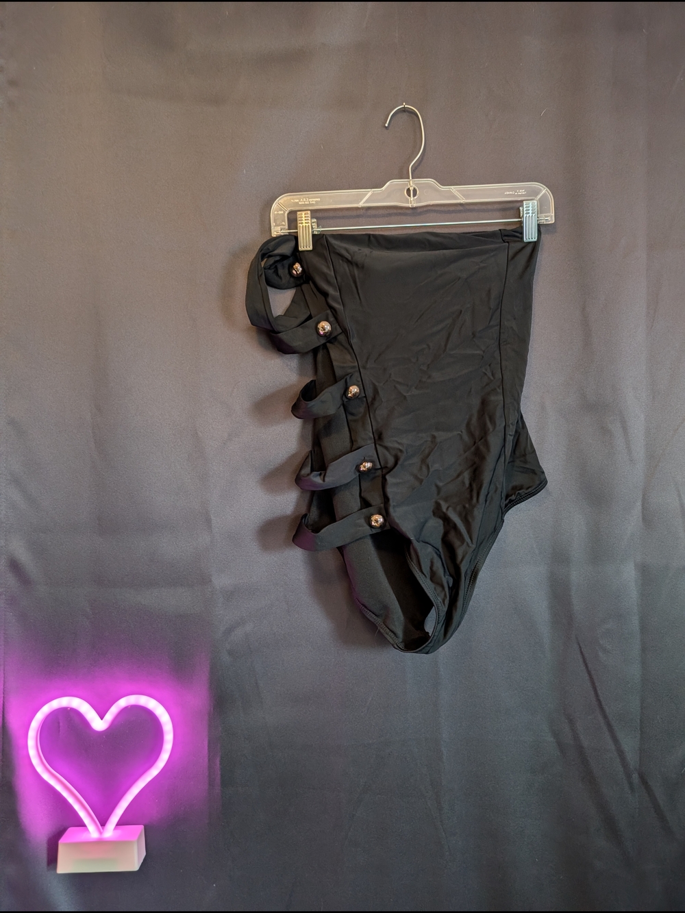 High-Waist Black One-Piece Swimsuit with Side Strap Details One Shoulder Cutout